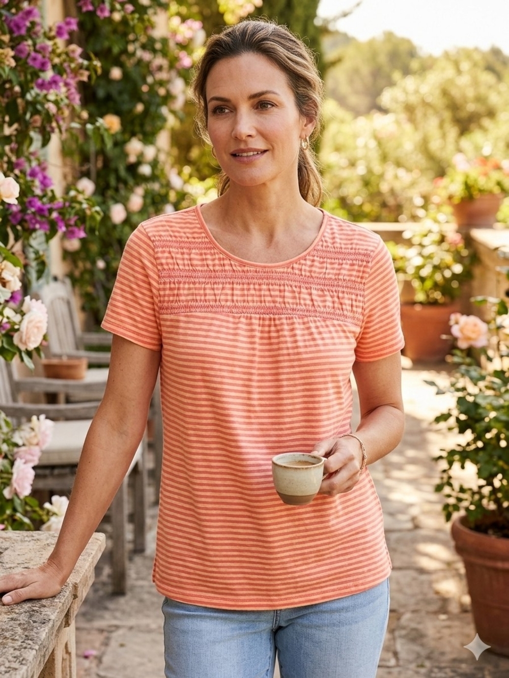 Talbots Coral Striped Smocked Short Sleeve Tee